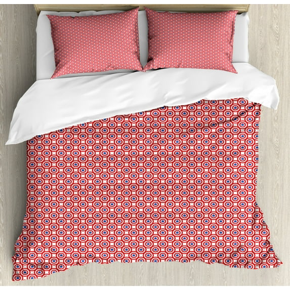 4th of July Queen Size Duvet Cover Set, Circles with Stars Symbols of American Freedom and Liberty Patriotic, Decorative 3 Piece Bedding Set with 2 Pillow Shams, Royal Blue Red White, by Ambesonne
