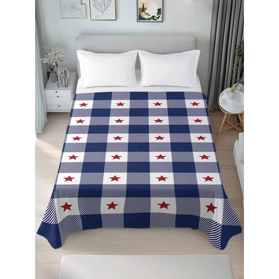 4th of July Queen Size Flat Sheet, Wrinkleproof & Fadeproof Cooling Flat Bed Sheet Only, Independence Day Blue White Plaid Red Star Breathable Soft Bedding Top Sheets 90 x 102 Inches