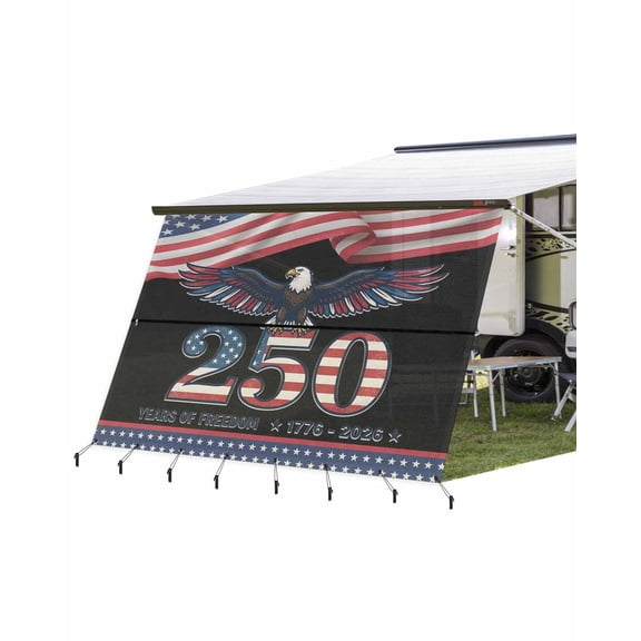4th of July RV Awning Sun Shade Screen 9'X15.3' 250 Years of Freedom Mesh Sunscreen Patriotic American Flag Eagle Awning Shade Screen with Zipper UV Blocker Completed Kits for RV Motorhome Camper