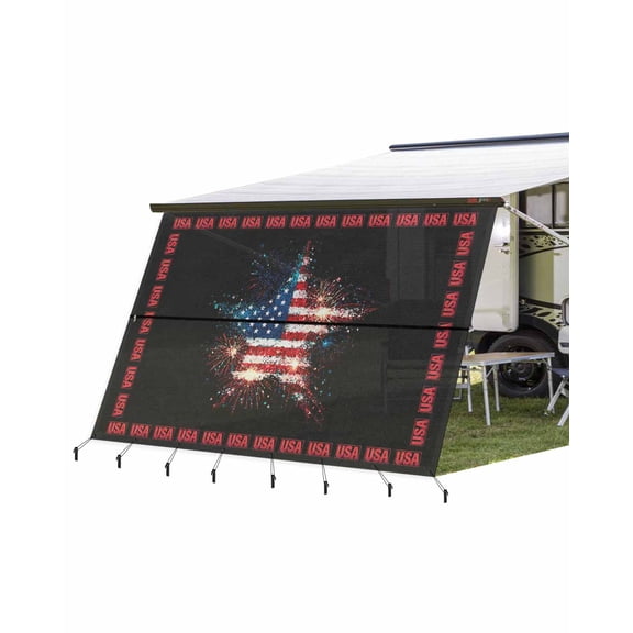 4th of July RV Awning Sun Shade Screen 9'X15.3' 250 Years USA Mesh Sunscreen Patriotic Star Flag Fireworks Awning Shade Screen with Zipper UV Blocker Completed Kits for RV Motorhome Camper Trailer