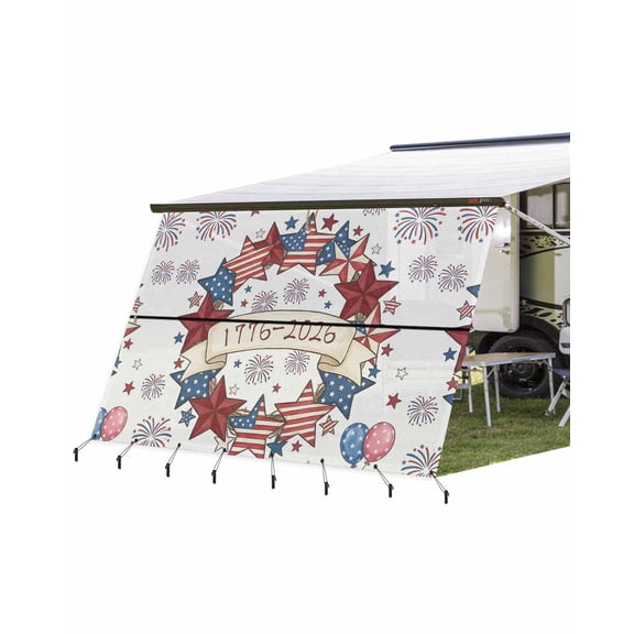 4th of July RV Awning Sun Shade Screen 9'X15.3' 250th Star Wreath Mesh Sunscreen Patriotic Fireworks Balloon Awning Shade Screen with Zipper UV Blocker Completed Kits for RV Motorhome Camper Trailer