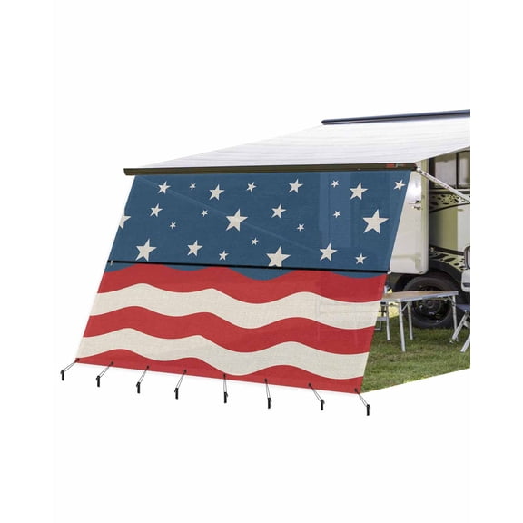 4th of July RV Awning Sun Shade Screen 9'X15.3' Ameriacan Flag Mesh Sunscreen Stars Stripes Awning Shade Screen with Zipper UV Blocker Completed Kits Outdoor Canopy for RV Motorhome Camper Trailer
