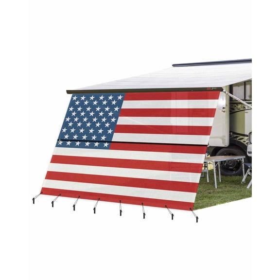 4th of July RV Awning Sun Shade Screen 9'X15.3' American Flag Mesh Sunscreen USA Stars Stripe Awning Shade Screen with Zipper UV Blocker Completed Kits Outdoor Canopy for RV Motorhome Camper Trailer