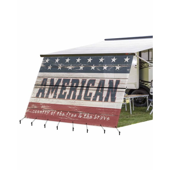 4th of July RV Awning Sun Shade Screen 9'X15.3' American Flag Mesh Sunscreen Vintage Stars Blue White Red Stripe Awning Shade Screen with Zipper UV Blocker Completed Kits for RV Motorhome Camper
