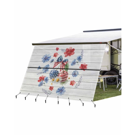 4th of July RV Awning Sun Shade Screen 9'X15.3' Bow Tie Cherry Mesh Sunscreen Red White and Blue Flower Wood Awning Shade Screen with Zipper UV Blocker Completed Kits for RV Motorhome Camper Trailer