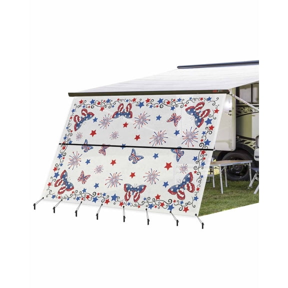 4th of July RV Awning Sun Shade Screen 9'X15.3' Butterfly Mesh Sunscreen Patriotic Stars Fireworks Awning Shade Screen with Zipper UV Blocker Completed Kits for RV Motorhome Camper Trailer