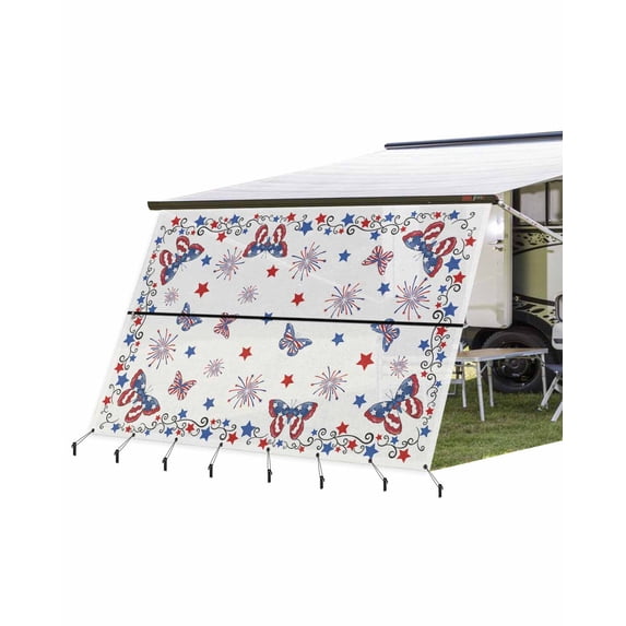 4th of July RV Awning Sun Shade Screen 9'X15.3' Butterfly Mesh Sunscreen Patriotic Stars Fireworks Awning Shade Screen with Zipper UV Blocker Completed Kits for RV Motorhome Camper Trailer