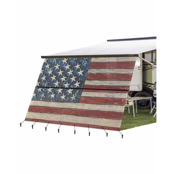 4th of July RV Awning Sun Shade Screen 9'X15.3' Patriotic American Flag Mesh Sunscreen Stars Stripes Wood Awning Shade Screen with Zipper UV Blocker Completed Kits for RV Motorhome Camper Trailer