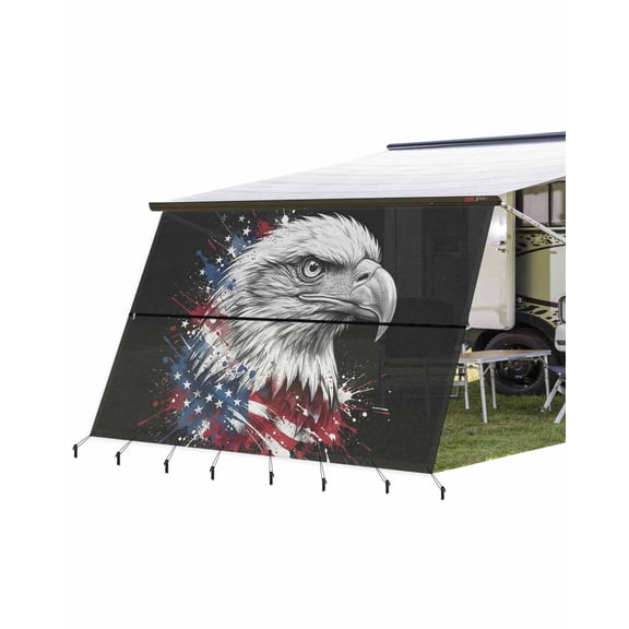 4th of July RV Awning Sun Shade Screen 9'X15.3' Patriotic Bald Eagle Mesh Sunscreen American Flag Ink Splatter Awning Shade Screen with Zipper UV Blocker Completed Kits for RV Motorhome Camper