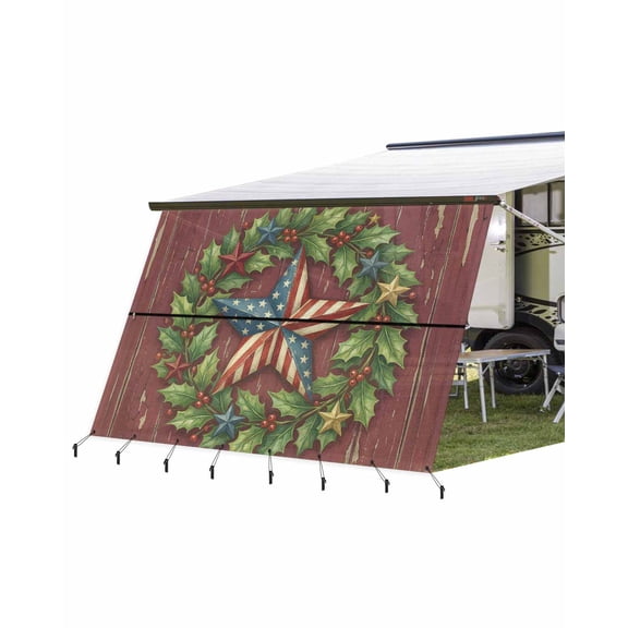 4th of July RV Awning Sun Shade Screen 9'X15.3' Patriotic Star Wreath Mesh Sunscreen Berry Holly Wood Grain Awning Shade Screen with Zipper UV Blocker Completed Kits for RV Motorhome Camper Trailer