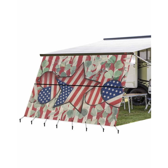 4th of July RV Awning Sun Shade Screen 9'X15.3' Patriotic Stars Red Stripes Mesh Sunscreen Eucalyptus Leaf Awning Shade Screen with Zipper UV Blocker Completed Kits for RV Motorhome Camper Trailer