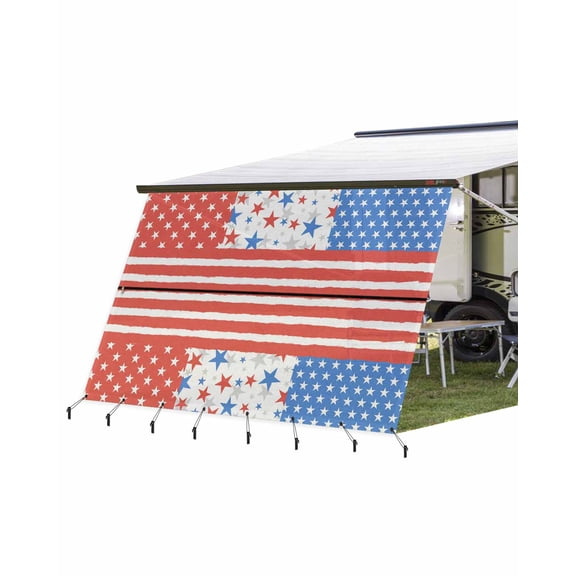 4th of July RV Awning Sun Shade Screen 9'X15.3' Patriotic Stars Stripes Mesh Sunscreen Red White Blue Awning Shade Screen with Zipper UV Blocker Completed Kits for RV Motorhome Camper Trailer