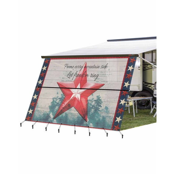 4th of July RV Awning Sun Shade Screen 9'X15.3' Red Stars Wood Mesh Sunscreen Patriotic Freedom Awning Shade Screen with Zipper UV Blocker Completed Kits for RV Motorhome Camper Trailer