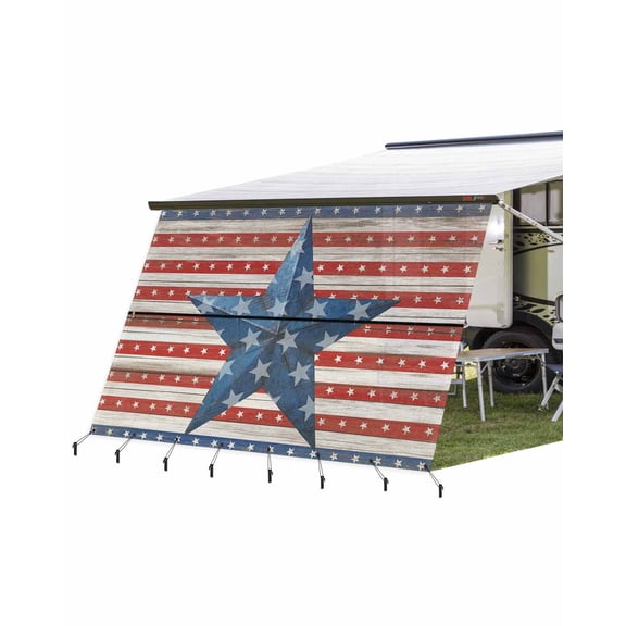 4th of July RV Awning Sun Shade Screen 9'X15.3' Retro American Flag Mesh Sunscreen Stars Stripe Wood Grain Awning Shade Screen with Zipper UV Blocker Completed Kits for RV Motorhome Camper Trailer