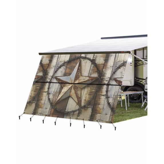 4th of July RV Awning Sun Shade Screen 9'X15.3' Star Wreath Mesh Sunscreen Rustic Wood Grain Awning Shade Screen with Zipper UV Blocker Completed Kits Outdoor Canopy for RV Motorhome Camper Trailer