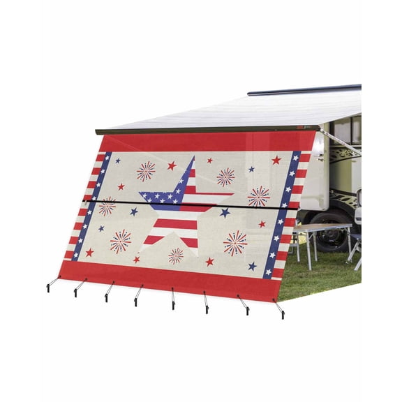 4th of July RV Awning Sun Shade Screen 9'X15.3' USA Flag Stars Stripes Mesh Sunscreen Patriotic Fireworks Awning Shade Screen with Zipper UV Blocker Completed Kits for RV Motorhome Camper Trailer