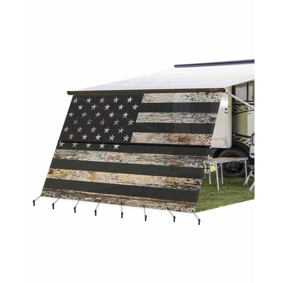 4th of July RV Awning Sun Shade Screen 9'X15.3' Vintage American Flag Mesh Sunscreen Old Retro Wood Grain Awning Shade Screen with Zipper UV Blocker Completed Kits for RV Motorhome Camper Trailer