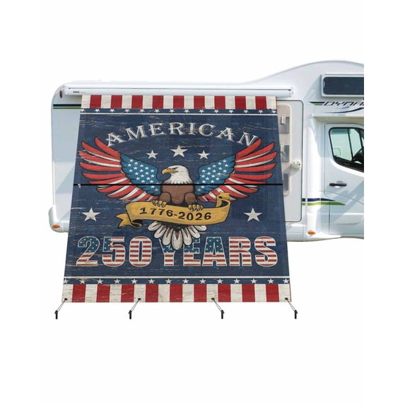 4th of July RV Awning Sun Shade Screen 9'X7' 250 Anniversary Eagle Mesh Sunscreen Patriotic Stars American Flag Awning Shade Screen with Zipper UV Blocker Completed Kits for RV Motorhome Camper