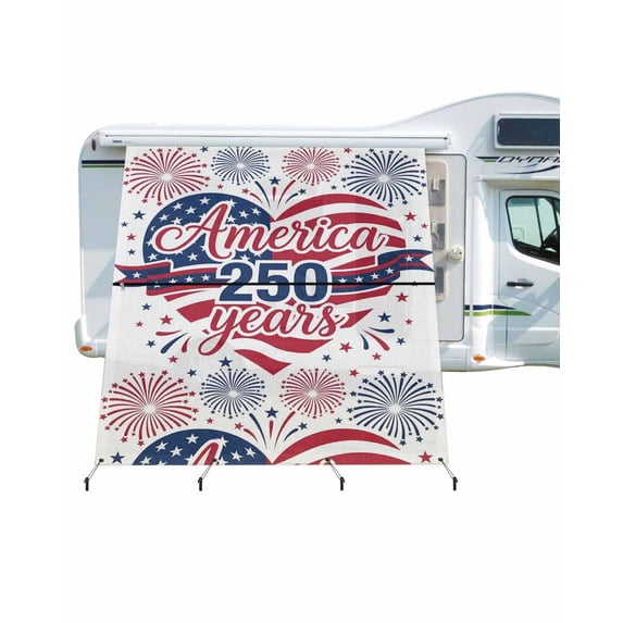 4th of July RV Awning Sun Shade Screen 9'X7' 250th Anniversary Mesh Sunscreen Patriotic Star Fireworks Awning Shade Screen with Zipper UV Blocker Completed Kits for RV Motorhome Camper