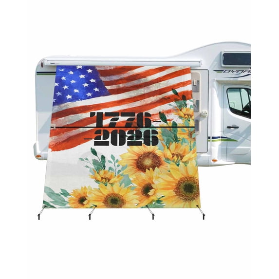 4th of July RV Awning Sun Shade Screen 9'X7' 250th Anniversary Mesh Sunscreen Sunflower American Flag Awning Shade Screen with Zipper UV Blocker Completed Kits Outdoor Canopy for RV Motorhome Camper