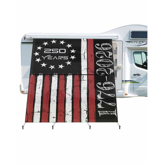 4th of July RV Awning Sun Shade Screen 9'X7' America 250 Years Mesh Sunscreen Retro Red White StarsStripes Awning Shade Screen with Zipper UV Blocker Completed Kits for RV Motorhome Camper