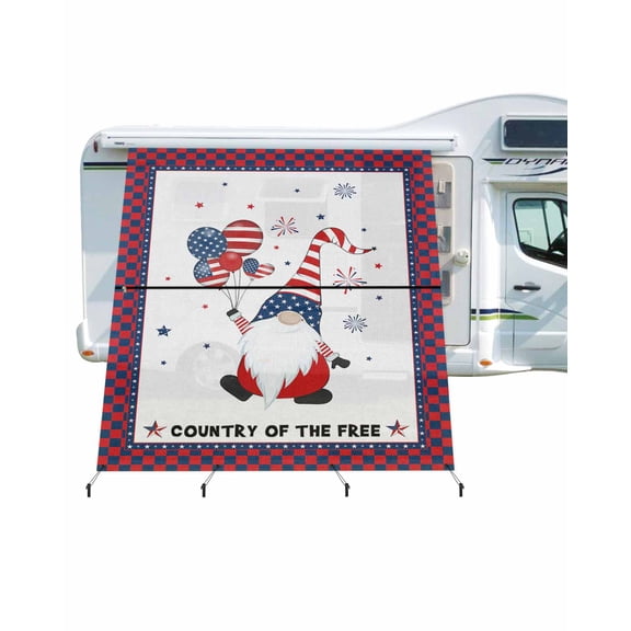 4th of July RV Awning Sun Shade Screen 9'X7' American Flag Balloon Mesh Sunscreen Patriotic Firework Gnome Awning Shade Screen with Zipper UV Blocker Completed Kits for RV Motorhome Camper