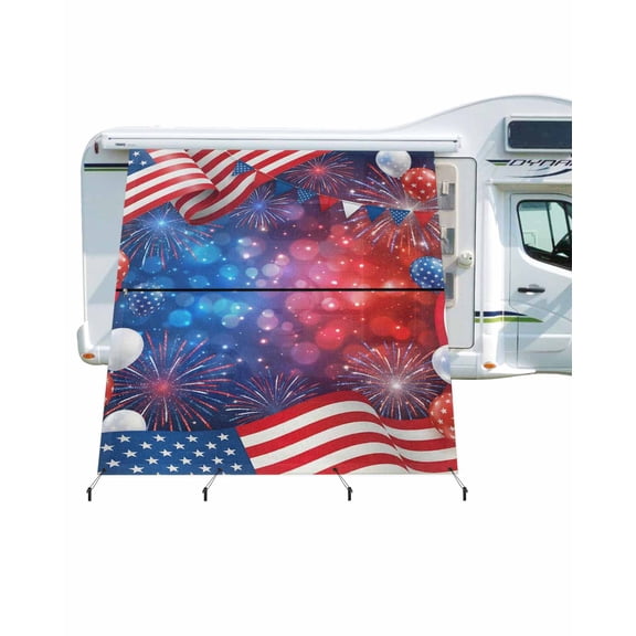 4th of July RV Awning Sun Shade Screen 9'X7' American Flag Balloon Mesh Sunscreen Patriotic Star Fireworks Awning Shade Screen with Zipper UV Blocker Completed Kits for RV Motorhome Camper