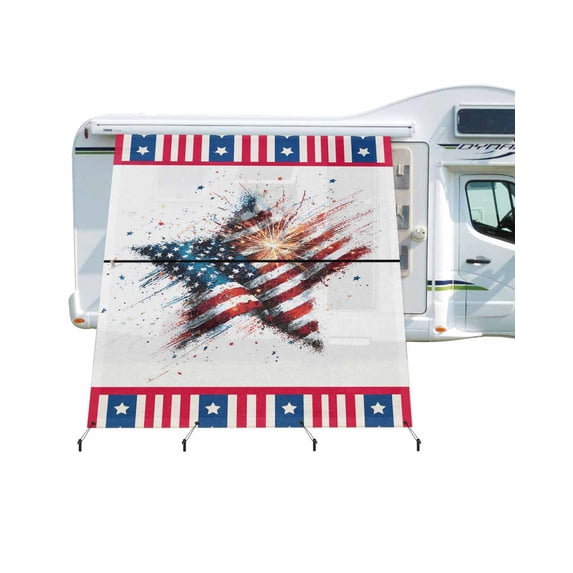 4th of July RV Awning Sun Shade Screen 9'X7' American Flag Fireworks Mesh Sunscreen Patriotic Star Stripes Awning Shade Screen with Zipper UV Blocker Completed Kits for RV Motorhome Camper