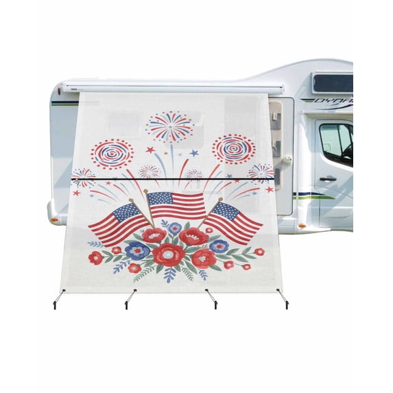 4th of July RV Awning Sun Shade Screen 9'X7' American Flag Fireworks Mesh Sunscreen Patriotic Stars Poppy Awning Shade Screen with Zipper UV Blocker Completed Kits for RV Motorhome Camper