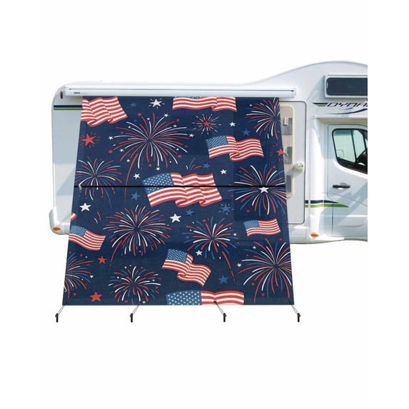 4th of July RV Awning Sun Shade Screen 9'X7' American Flag Fireworks Mesh Sunscreen Star Stripes Red White Blue Awning Shade Screen with Zipper UV Blocker Completed Kits for RV Motorhome Camper