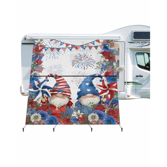 4th of July RV Awning Sun Shade Screen 9'X7' American Flag Gnomes Mesh Sunscreen Daisy Stars Ribbon Fireworks Awning Shade Screen with Zipper UV Blocker Completed Kits for RV Motorhome Camper