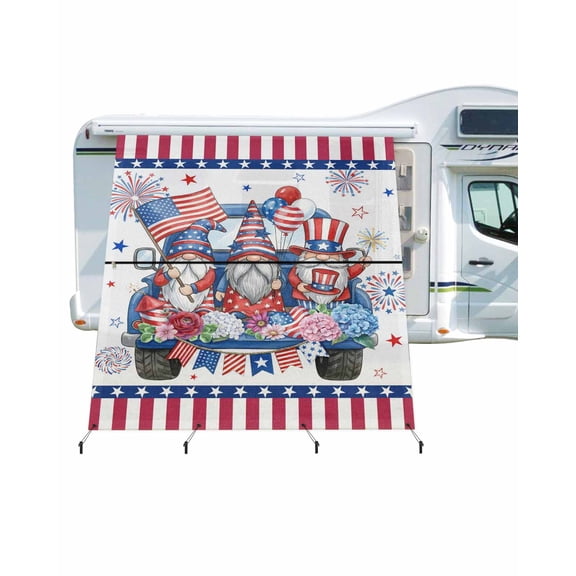 4th of July RV Awning Sun Shade Screen 9'X7' American Flag Gnomes Mesh Sunscreen Patriotic Star Truck Fireworks Awning Shade Screen with Zipper UV Blocker Completed Kits for RV Motorhome Camper