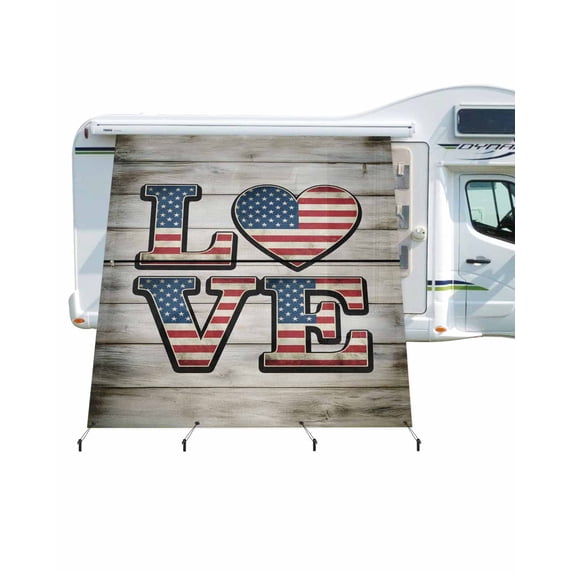 4th of July RV Awning Sun Shade Screen 9'X7' American Flag Love Heart Mesh Sunscreen Retro Wood Grain Awning Shade Screen with Zipper UV Blocker Completed Kits Outdoor Canopy for RV Motorhome Camper
