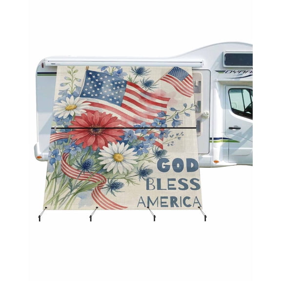 4th of July RV Awning Sun Shade Screen 9'X7' American Flag Mesh Sunscreen Daisy God Bless America Awning Shade Screen with Zipper UV Blocker Completed Kits Outdoor Canopy for RV Motorhome Camper