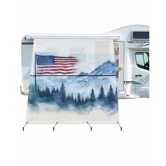 4th of July RV Awning Sun Shade Screen 9'X7' American Flag Mesh Sunscreen Mountain Forest Awning Shade Screen with Zipper UV Blocker Completed Kits Outdoor Canopy for RV Motorhome Camper Travel