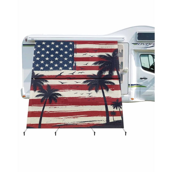 4th of July RV Awning Sun Shade Screen 9'X7' American Flag Mesh Sunscreen Patriotic Star Seagull Palm Tree Awning Shade Screen with Zipper UV Blocker Completed Kits for RV Motorhome Camper