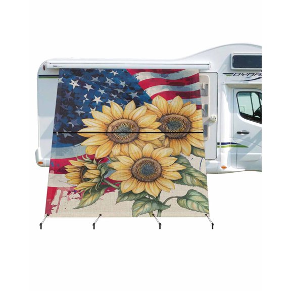 4th of July RV Awning Sun Shade Screen 9'X7' American Flag Mesh Sunscreen Retro Sunflower Awning Shade Screen with Zipper UV Blocker Completed Kits Outdoor Canopy for RV Motorhome Camper Travel
