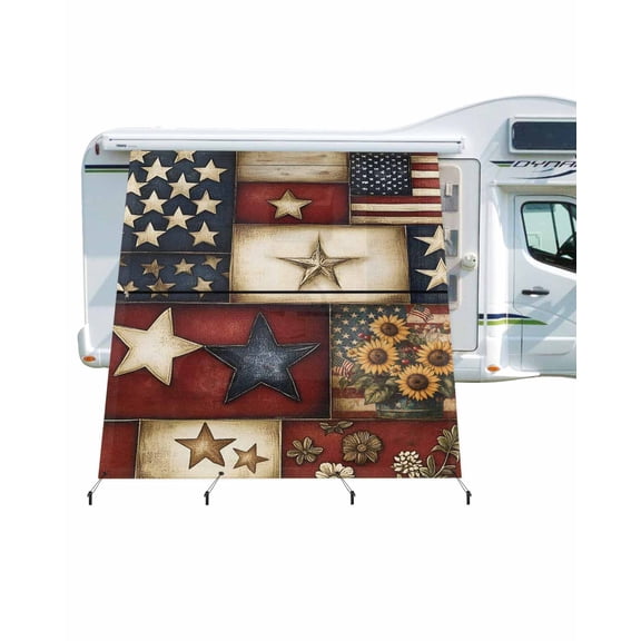 4th of July RV Awning Sun Shade Screen 9'X7' American Flag Mesh Sunscreen Rustic Patriotic Stars Sunflower Awning Shade Screen with Zipper UV Blocker Completed Kits for RV Motorhome Camper