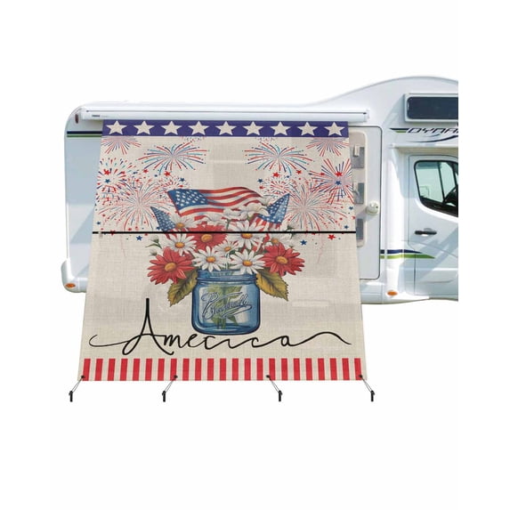 4th of July RV Awning Sun Shade Screen 9'X7' American Flag Patriotic Mesh Sunscreen Memorial Flower Fireworks Awning Shade Screen with Zipper UV Blocker Completed Kits for RV Motorhome Camper