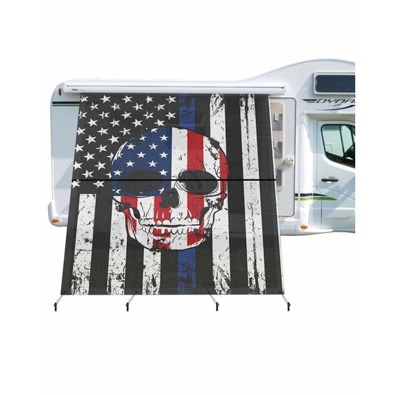 4th of July RV Awning Sun Shade Screen 9'X7' American Flag Patriotic Skull Mesh Sunscreen Black White Red Stripe Awning Shade Screen with Zipper UV Blocker Completed Kits for RV Motorhome Camper