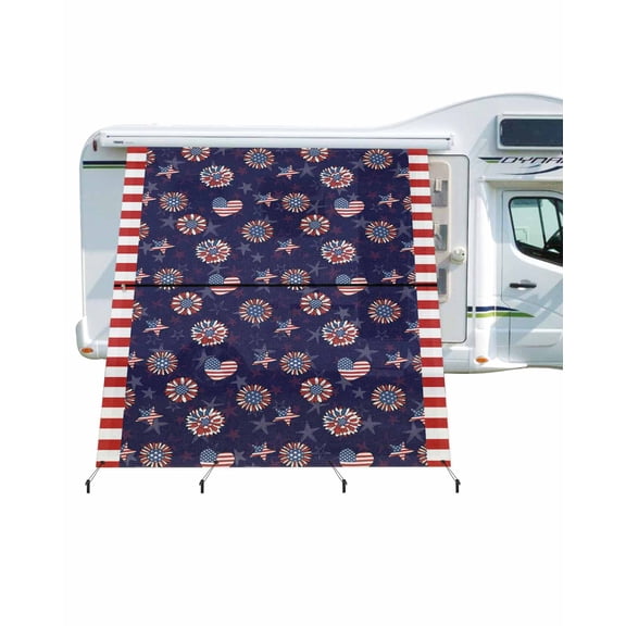 4th of July RV Awning Sun Shade Screen 9'X7' American Flag Stars Sunflower Mesh Sunscreen Red White Blue Stripes Awning Shade Screen with Zipper UV Blocker Completed Kits for RV Motorhome Camper