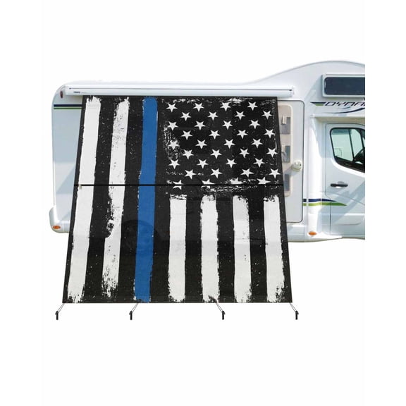 4th of July RV Awning Sun Shade Screen 9'X7' American USA Flag Mesh Sunscreen Black White And Blue Line Awning Shade Screen with Zipper UV Blocker Completed Kits for RV Motorhome Camper