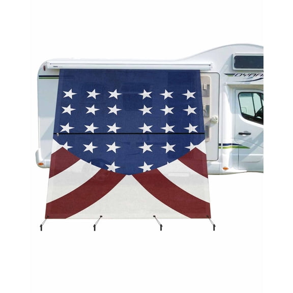 4th of July RV Awning Sun Shade Screen 9'X7' American USA Flag Mesh Sunscreen Blue and Red Awning Shade Screen with Zipper UV Blocker Completed Kits Outdoor Canopy for RV Motorhome Camper Travel