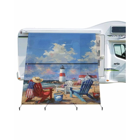 4th of July RV Awning Sun Shade Screen 9'X7' Beach Lounge Chairs Mesh Sunscreen Patriotic American Flag Fireworks Awning Shade Screen with Zipper UV Blocker Completed Kits for RV Motorhome Camper
