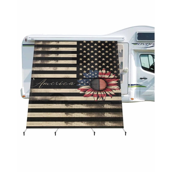 4th of July RV Awning Sun Shade Screen 9'X7' Black American Flag Mesh Sunscreen Rustic Stars Stripes Daisy Awning Shade Screen with Zipper UV Blocker Completed Kits for RV Motorhome Camper