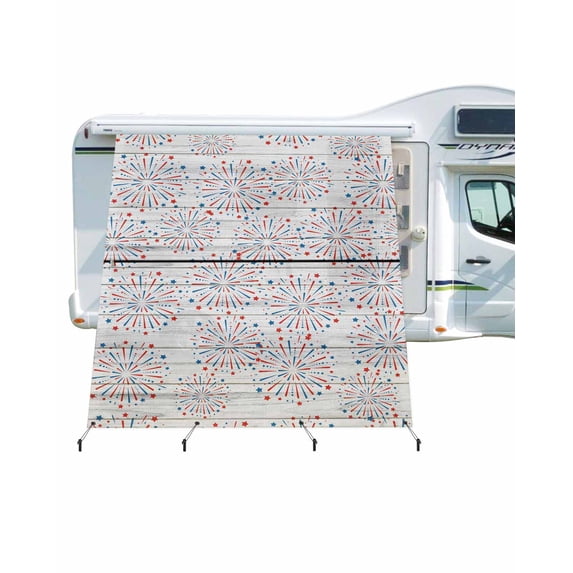 4th of July RV Awning Sun Shade Screen 9'X7' Blue Red Fireworks Mesh Sunscreen Patriotic Stars Wood Grain Awning Shade Screen with Zipper UV Blocker Completed Kits for RV Motorhome Camper