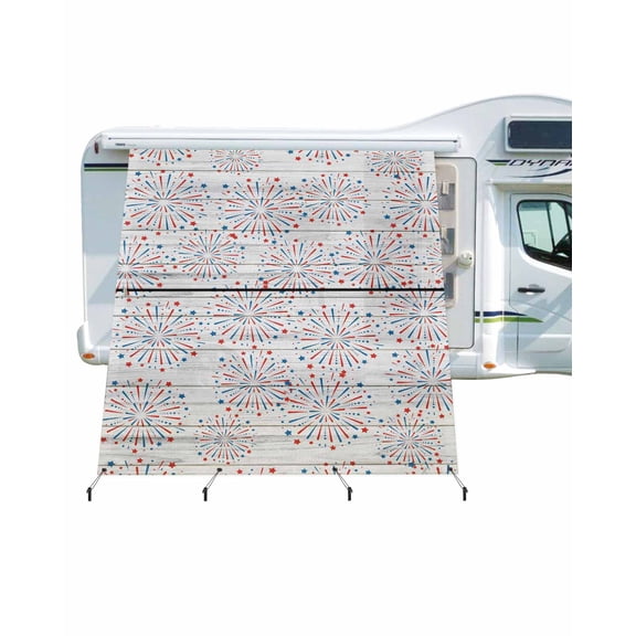 4th of July RV Awning Sun Shade Screen 9'X7' Blue Red Fireworks Mesh Sunscreen Patriotic Stars Wood Grain Awning Shade Screen with Zipper UV Blocker Completed Kits for RV Motorhome Camper