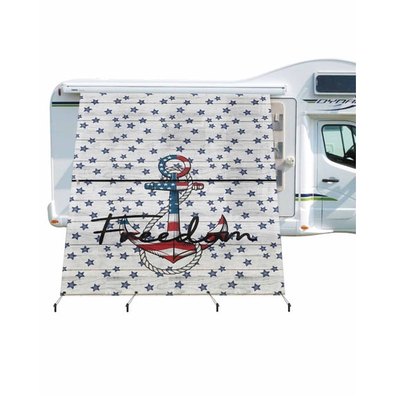 4th of July RV Awning Sun Shade Screen 9'X7' Blue Stars Anchor Mesh Sunscreen American Flag Wood Grain Awning Shade Screen with Zipper UV Blocker Completed Kits for RV Motorhome Camper