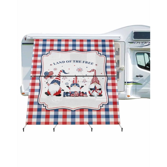 4th of July RV Awning Sun Shade Screen 9'X7' Gnomes Holding Balloons Mesh Sunscreen Stars Stripe Check Plaid Awning Shade Screen with Zipper UV Blocker Completed Kits for RV Motorhome Camper