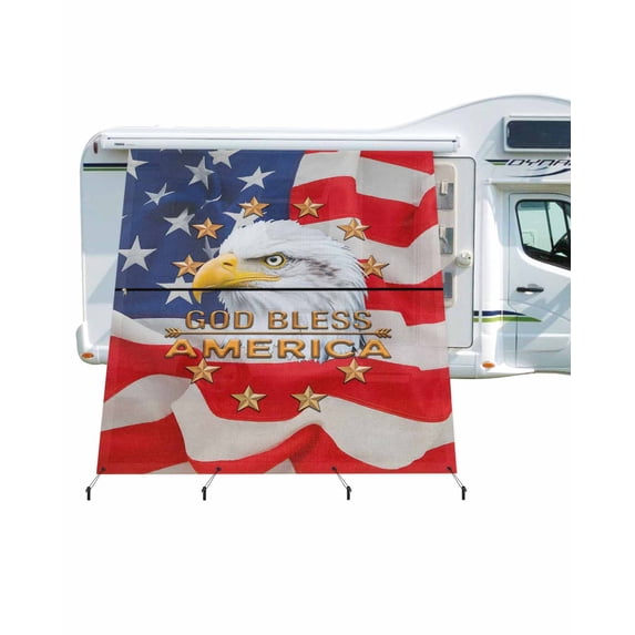4th of July RV Awning Sun Shade Screen 9'X7' God Bless America Mesh Sunscreen Patriotic Eagle American Flag Awning Shade Screen with Zipper UV Blocker Completed Kits for RV Motorhome Camper